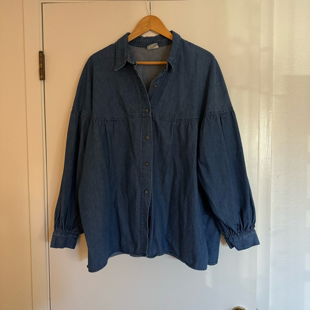 Vintage denim button down shirt with gathered sleeves